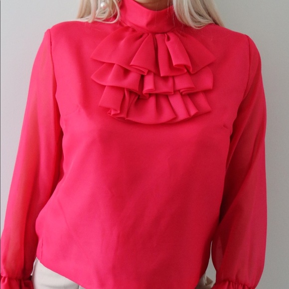 70’s Fuchsia Ruffle Blouse with Flounce Sleeves - Picture 3 of 5